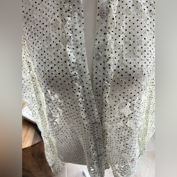 Vici White Lace Polka Dot Rhinestone Button Blouse Puff Sleeve Feminine Top M - Picture 7 of 14